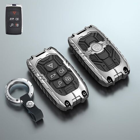 Mech Style Heavy Metal Key Fob Cover, Compatible with L-Rover 2018-2025~, Fit for Rover Evoque LR2 LR4 Discovery Velar Sport Jaguar XE, Zinc Alloy Key Case Protector (ModelB,Grey,w/o line) in Saudi Arabia