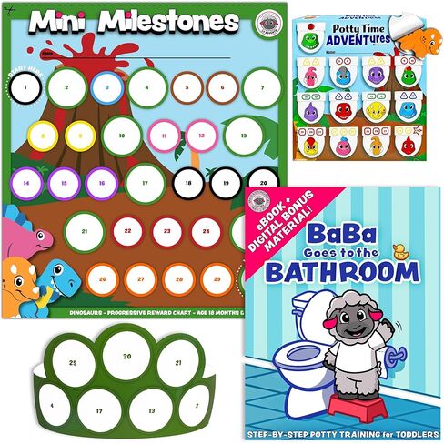 Potty TIME Adventures + MINI MILESTONES (2PK) Bundle: Reward Charts - Activity Boards - Over 800 Stickers - 14 Wooden Blocks (Dinosaurs) in Saudi Arabia