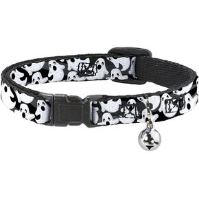 Cat Collar Breakaway Ghosts Scattered Black White 8 to 12 Inches 0.5 Inch Wide