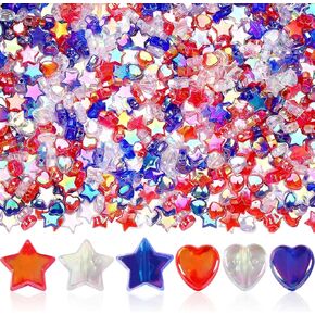 UPINS 900Pcs 4th of July Beads, Patriotic Star Heart Beads Red White Blue Star Beads for Jewelry Making Crafts Independent Day Acrylic Beads DIY Necklace Bracelets Hair Beads