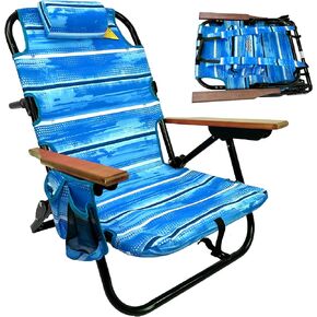 Backpack Beach Chair 5 Positions and Cup Holder Pouch on Side Padded Pillow Storage Bag on Back Lightweight Rustproof Aluminum Black Frame, 1 Pack, Blue