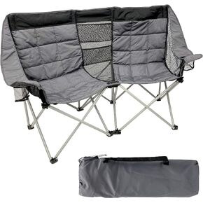 Camping Chair - Double Love Seat Heavy Duty Oversized - Folds Easily and is Padded, Black Grey