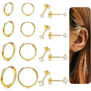 8Pairs 20G 316L Stainless Steel Threadless Earrings for Men Women Hypoallergenic Push in Earrings Flat Back Small Huggie Hoop Earrings Lobe Helix Cartilage Earrings for Multiple Piercing G