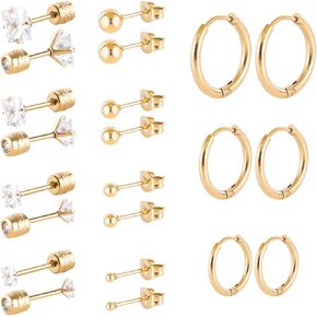 11pairs Surgical Steel Earrings for Sensitive Ears Hypoallergenic 20G Flatback Heart Star Square Ball CZ Stud Earrings Small Cartilage Huggie Hoop Earrings 8/10/12MM for Women Men