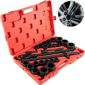 VEVOR Impact Socket Set, 3/4 Inches Socket Assortment, Drive Socket Set Impact Standard SAE (7/8 Inches to 2 Inches) & Metric Sizes (22 mm-50 mm), 27 Piece Standard Impact Sockets