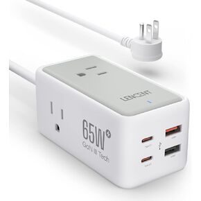 LENCENT USB C Charger, GaN III 65W USB C Charging Station,Multi outlet extender，Fast Charging USB & Type C, extension 5.0 ft cord【3 AC Outlets+2 USB C(PD 65W Max) + 2 USB】for Home,Office,Travel(Black)