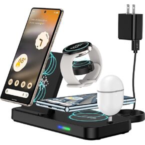 4 in 1 Wireless Charger for Google Pixel Watch 1, Pixel 8 Pro/8/7A/Fold/7/7 Pro/6/6 Pro/5/4, Pixel Buds Pro, Foldable Wireless Charging Station for Google Pixel, Samsung（Not for pixel watch 2）