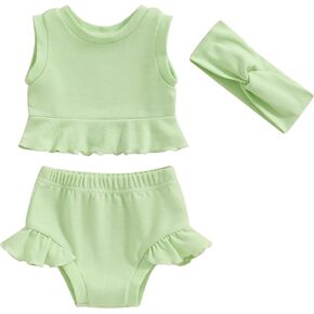 Emmababy Crop Tops and Shorts Set Baby Girl Ruffle Hem Sleeveless Tank Tops Ruffle Bloomer Shorts Solid Color Summer Outfits