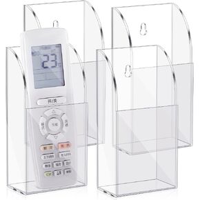 4 Pieces Acrylic Remote Control Holder Clear Wall Mount Media Organizer Single Compartment Pen Holder for Wall Pencil Holder TV Remote Holder Wall Mount Storage Box for File Makeup Marker Brush Phone