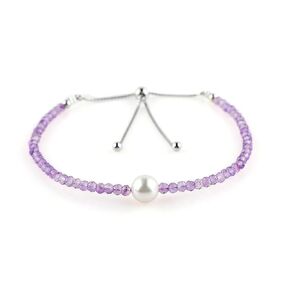 CRYSTALIS Natural Amethyst Beads Slider Bracelet with Elegant Pearl, High Grade Beaded Crystals, Chakra Healing Gemstone, Gift Giving Women Jewelry, 925 Sterling Silver Slider 10 inch