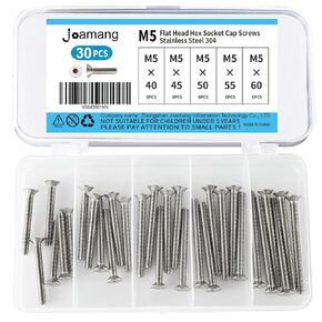 M5 x 40mm 45mm 50mm 55mm 60mm Flat Head Hex Socket Cap Screws Countersunk Bolts, Stainless Steel 304, Metric Allen Hex Drive, Bright Finish, Fully Threaded, Assortment Kit 30PCS