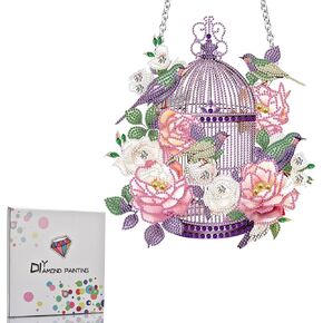 Koikify Diamond Painting Kits Hanging Pendant, Flower Birdcage Crystal Art Hanging Sign Special Shaped Diamond Art for Home Garden Window Door Decoration