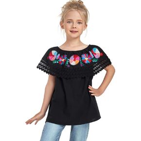 YZXDORWJ Mexican Blouse for Girls Traditional Embroidered Youth Kids Shirts Off The Shoulder Ruffle Lace Peasant Blouse