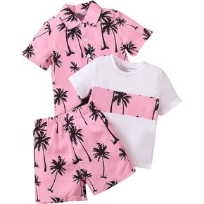 Floerns Boy's 3 Piece Outfit Tropical Print Blouse and Tee Shirts with Shorts Set