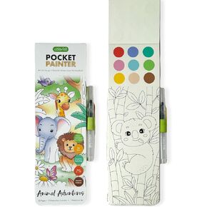 Colorfull Animals Pocket Painter | Art On-The-go | Portable Watercolor Painting Book | 20 Pages | 9 Watercolor Swatches | 1 Waterbrush Pen | Activates with Water | Use As Bookmark