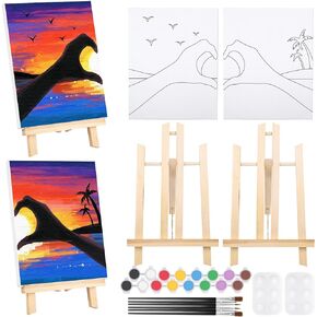 VOCHIC Paint and Sip kit, Pre Drawn Canvas Couples Painting Kit for Adult, Couples Sunset Heart Date Night Games, 2 Easel, 8x2 Acrylic Colors, 3x2 Brush,2 Pallet Art Set, Valentine's Day(8x10)