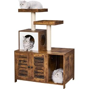 BEWISHOME صندوق فضلات القطط، أثاث صندوق فضلات مخفي مع برج شجرة القطط، أثاث حمام القطط، مع مدخل أمامي، بيت خشبي حديث للقطط للداخلية باللون البني الريفي CMW02F in Kuwait