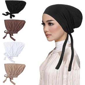 4 PCS Women Hijab Undercap, Turban Beanie Caps, Islamic Muslim Under Hijab Cap Inner UnderScarf Hat Hijab Cap with Tie Back Closure