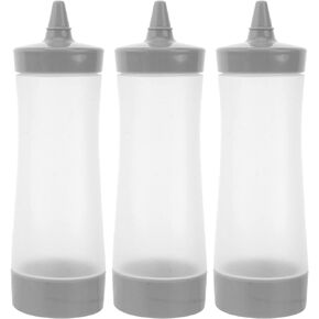 DOITOOL 3Pcs Plastic Squeeze Condiment Bottles, Sauce Bottle with Grey Tip Cap, Plastic Squirt Containers for Dispensing Ketchup, BBQ, Sauces, Syrup, Dressings, Paint and More (Grey)