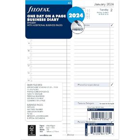 Filofax Calendar Diary Refill, A5 Size, One Day on One Page with Appointments, Business Diary, White Paper, English, 2024 (C68519-24)