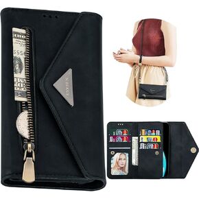 CCSamll for Samsung Galaxy A35 Wallet Case Crossbody Bag Purses for Women, RFID Blocking Zipper Handbag Neck Strap Lanyard Cover with 9 Card Slot Holder Phone Case for Samsung A35 XK Black