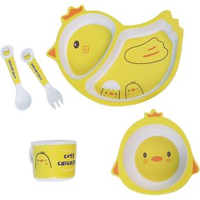 Bamboo Kids Dinnerware Set 5 Pcs Includes Plate Bowl Cup Fork Spoon Perfect for Kids BPA-Free (Chicken)
