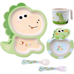 Bamboo Kids Dinnerware Set 5 Pcs Includes Plate Bowl Cup Fork Spoon Perfect for Kids BPA-Free (Chicken)