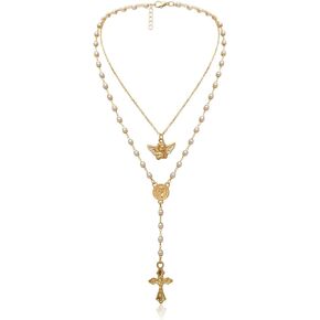 Gold Layered Necklace for Women, Cross Y-shaped Necklace Angel Wings Pendant Necklace White Pearl Bbead Necklace Cherub Charm Necklace Adjustable