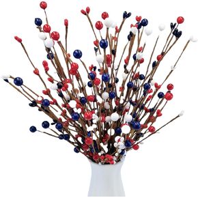 DoubleWood Artificial Patriotic Pip Berry Stems, 6 Piece Red White and Blue Berries for 4th of July Decorations Table Centerpiece Decor for Memorial Day (6)