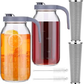 Tioncy 2 Sets Cold Brew Coffee Maker 64 oz Mason Jar Cold Brew Pitcher with Coffee Filter and Brush Glass Storage Pitcher for Iced Brew Coffee, Ice Tea, Homemade Fruit Drinks Container (Gray)