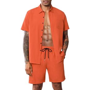LecGee Men Summer Casual Short Sets Solid Short Sleeve Pocket Button Down Shirt Elastic Shorts 2 Piece Outfits Tracksuit