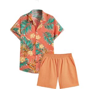 WDIRARA Men's 2 Piece Boho Outfits Tropical Floral Print Short Sleeve Button Front Shirt and Shorts Set