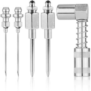 5pcs Grease Needle Kit, 90 Degree Grease Coupler Needle Grease Fitting Nozzle Grease Injector Needle Tip Steel Narrow Needle Dispenser Greasing Accessory for Hard-to-Reach Fittings