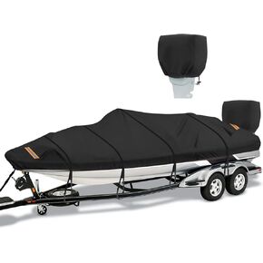 Boat Cover 14-16ft 900D Waterproof Boat Covers with Motor Cover Fits Bass Boat， V-Hull Tri-Hull Bass Boat Runabout，Trailerable Marine Grade Boat Cover,Pro-Style Bass Boat with Tightening Strap