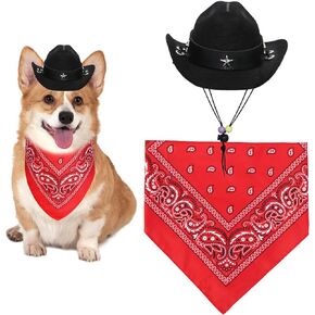 Dog Halloween Costumes, Dog Cowboy Costume Halloween Dog Cowboy Hat Halloween Dog Bandana Scarf Funny Dog Halloween Costumes for Small Medium Large Dogs Pets (Black Hat & Red Bandana, Small)