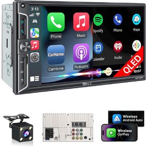 PLZ 7" Wireless Double Din Car Stereo Apple Car Play Radio Carplay Android Auto QLED Touch Screen, Bluetooth 5.3 Audio Receivers, 1080P Backup Camera, 4.2 Channel Outputs 240W, 2 Subwoofer, FM/AM, SWC