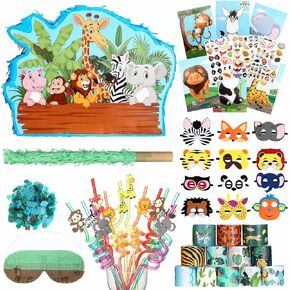 Poen 49 Pcs Jungle Animal Theme Birthday Decorations Include Jungle Animals Pinata Stick Blindfold Confetti Stickers Animals Mask Forest Animal Slap Bracelets Straws for Baby Shower Exchanging Rewards