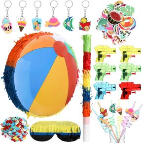 Summer Beach Pool Party Favors Include Swimming Beach Ball Pinata with Stick Blindfold Confetti 100 DIY Stickers 6 Keychains 6 Drinking Straws 6 Water Squirts for Birthday Decoration