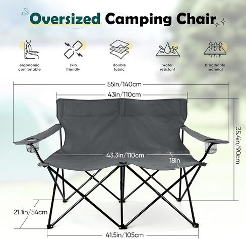 HaSteeL Folding Camping Chair, Double Seat Foldable Camp Chair for 2 Persons, Portable & Large for Outdoor Fishing, Hiking, Travel, Picnic, Beach, Lawn, Patio, Include Storage Bag (Blue) in Saudi Arabia