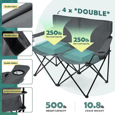 HaSteeL Folding Camping Chair, Double Seat Foldable Camp Chair for 2 Persons, Portable & Large for Outdoor Fishing, Hiking, Travel, Picnic, Beach, Lawn, Patio, Include Storage Bag (Blue) in Saudi Arabia