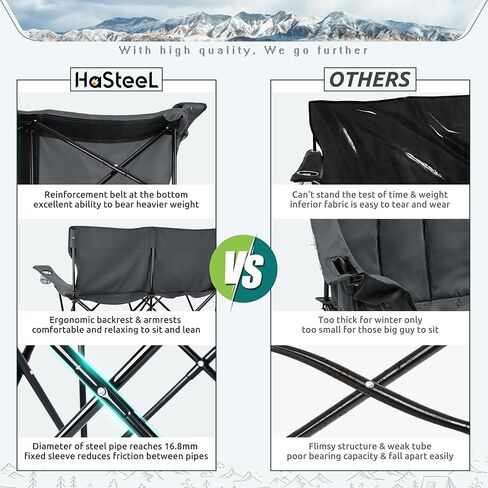 HaSteeL Folding Camping Chair, Double Seat Foldable Camp Chair for 2 Persons, Portable & Large for Outdoor Fishing, Hiking, Travel, Picnic, Beach, Lawn, Patio, Include Storage Bag (Blue) in Saudi Arabia