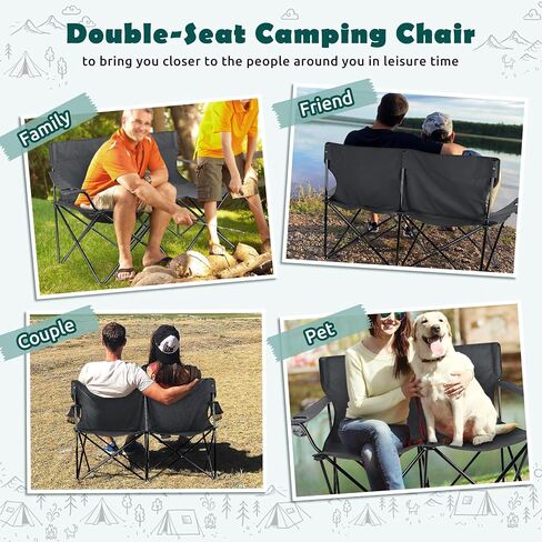 HaSteeL Folding Camping Chair, Double Seat Foldable Camp Chair for 2 Persons, Portable & Large for Outdoor Fishing, Hiking, Travel, Picnic, Beach, Lawn, Patio, Include Storage Bag (Blue) in Saudi Arabia