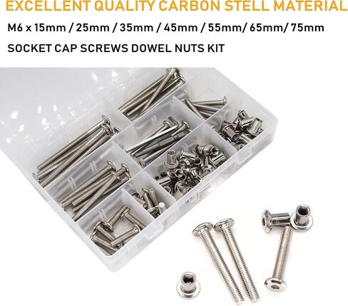 binifiMux 100pcs M6x15mm/ 25mm/ 35mm/ 45mm/ 55mm/ 65mm/ 75mm Rivet Countersunk Hex Socket Cap Bolts and Barrel Nuts Assortment Kit, Furniture Connector Bolts and Barrel Nuts Set, Nickel Plated in Saudi Arabia