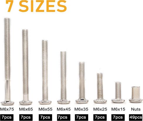 binifiMux 100pcs M6x15mm/ 25mm/ 35mm/ 45mm/ 55mm/ 65mm/ 75mm Rivet Countersunk Hex Socket Cap Bolts and Barrel Nuts Assortment Kit, Furniture Connector Bolts and Barrel Nuts Set, Nickel Plated in Saudi Arabia