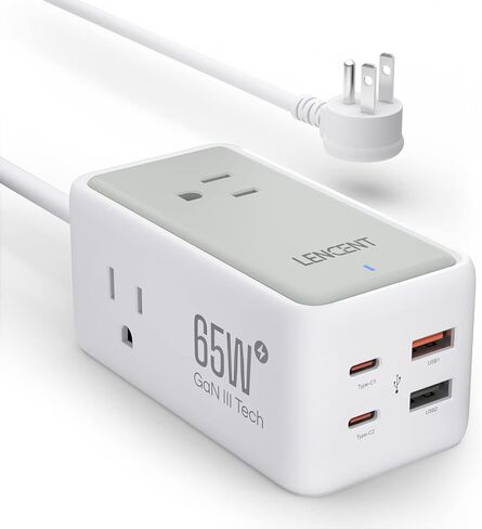 شاحن LENCENT USB C، محطة شحن GaN III 65W USB C، موسع متعدد المنافذ، شحن سريع USB ونوع C، سلك تمديد 5.0 قدم 【3 منافذ تيار متردد + 2 USB C (PD 65W كحد أقصى) + 2 USB】للمنزل والمكتب، السفر (أسود) in Kuwait