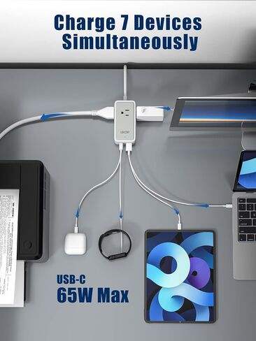 شاحن LENCENT USB C، محطة شحن GaN III 65W USB C، موسع متعدد المنافذ، شحن سريع USB ونوع C، سلك تمديد 5.0 قدم 【3 منافذ تيار متردد + 2 USB C (PD 65W كحد أقصى) + 2 USB】للمنزل والمكتب، السفر (أسود) in Kuwait