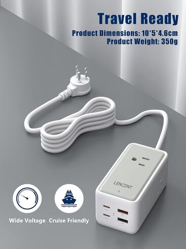 شاحن LENCENT USB C، محطة شحن GaN III 65W USB C، موسع متعدد المنافذ، شحن سريع USB ونوع C، سلك تمديد 5.0 قدم 【3 منافذ تيار متردد + 2 USB C (PD 65W كحد أقصى) + 2 USB】للمنزل والمكتب، السفر (أسود) in Kuwait