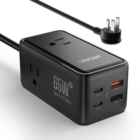 شاحن LENCENT USB C، محطة شحن GaN III 65W USB C، موسع متعدد المنافذ، شحن سريع USB ونوع C، سلك تمديد 5.0 قدم 【3 منافذ تيار متردد + 2 USB C (PD 65W كحد أقصى) + 2 USB】للمنزل والمكتب، السفر (أسود) in Kuwait