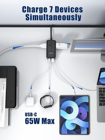 شاحن LENCENT USB C، محطة شحن GaN III 65W USB C، موسع متعدد المنافذ، شحن سريع USB ونوع C، سلك تمديد 5.0 قدم 【3 منافذ تيار متردد + 2 USB C (PD 65W كحد أقصى) + 2 USB】للمنزل والمكتب، السفر (أسود) in Kuwait