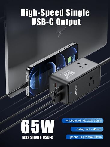 شاحن LENCENT USB C، محطة شحن GaN III 65W USB C، موسع متعدد المنافذ، شحن سريع USB ونوع C، سلك تمديد 5.0 قدم 【3 منافذ تيار متردد + 2 USB C (PD 65W كحد أقصى) + 2 USB】للمنزل والمكتب، السفر (أسود) in Kuwait